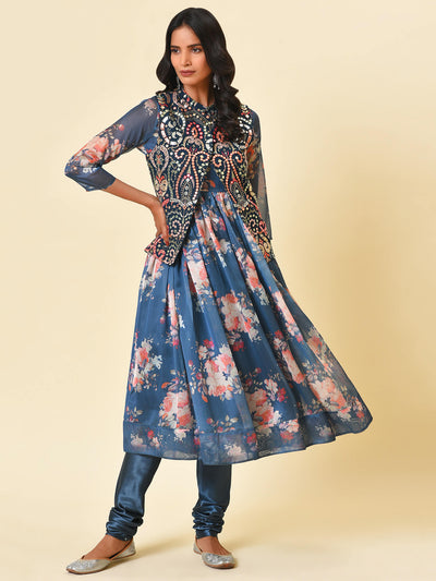 Printed Chanderi Kurta & Mirror work Jacket