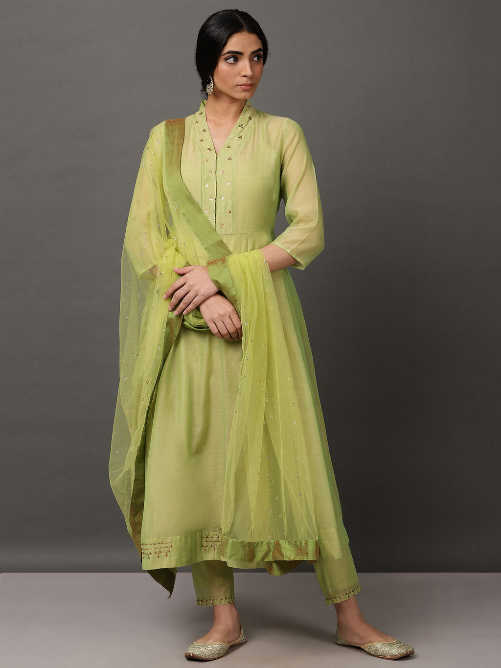 Lime Green Solid Kalidar Chanderi Kurta And Pant With Dupatta & camisole