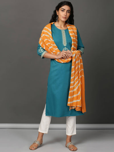 Teal Kurta, White Pants & Leheriya Dupatta Set