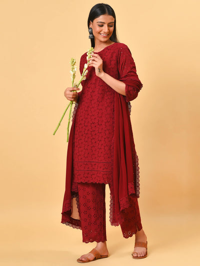 Shine with Wine cotton Schiffly kurta pant and dupatta