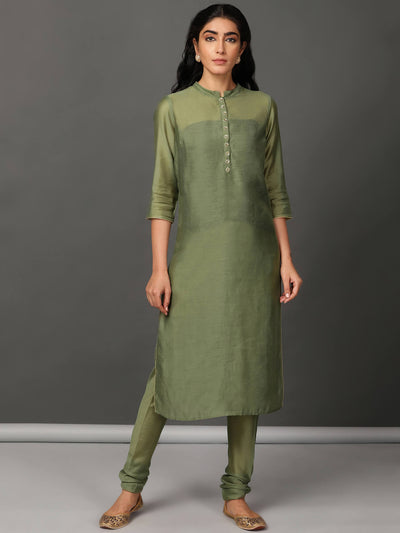 Olive Straight Chanderi Kurta Churidaar Set