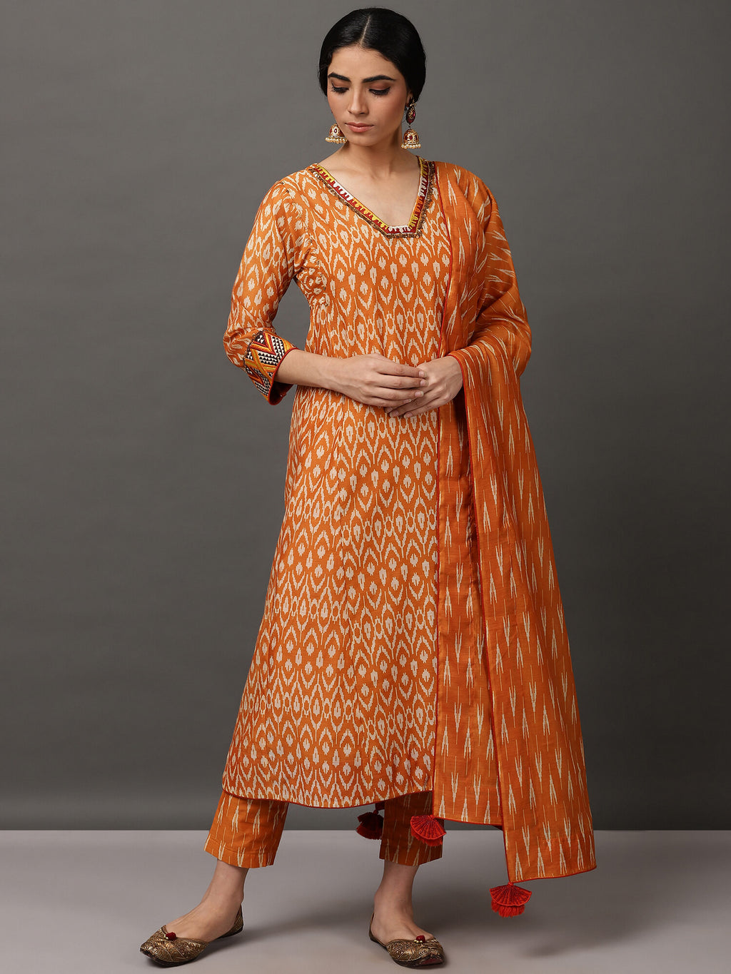 Ikat A-Line Kurta Set with Pant, Dupatta & Camisole