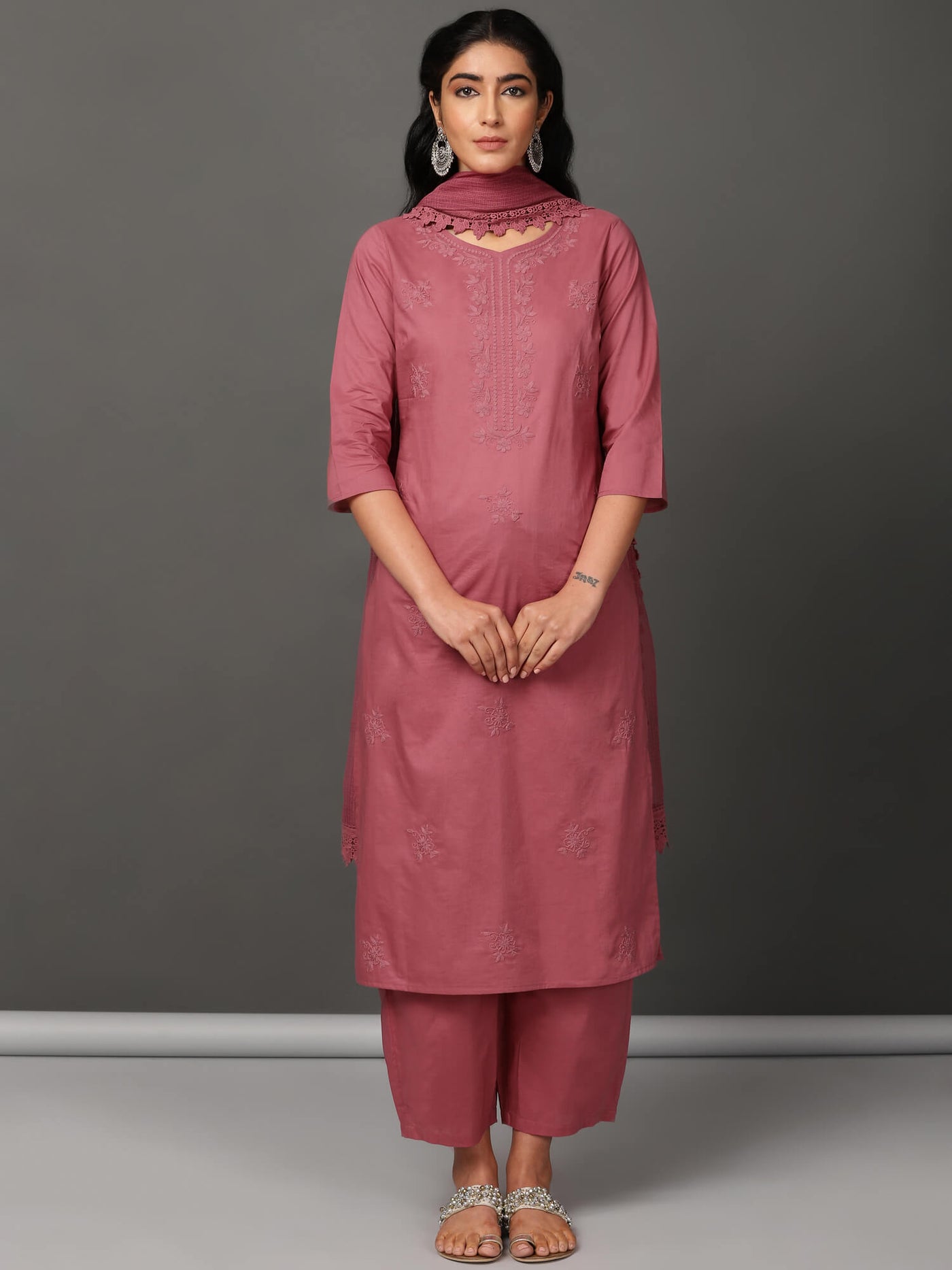 Pink Cotton Kurta, Pants & Dupatta Set