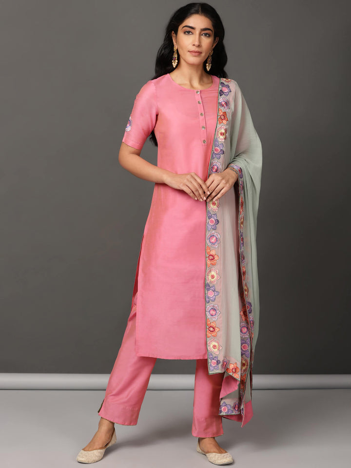 Pink Art Silk Kurta, Pants & Dupatta Set