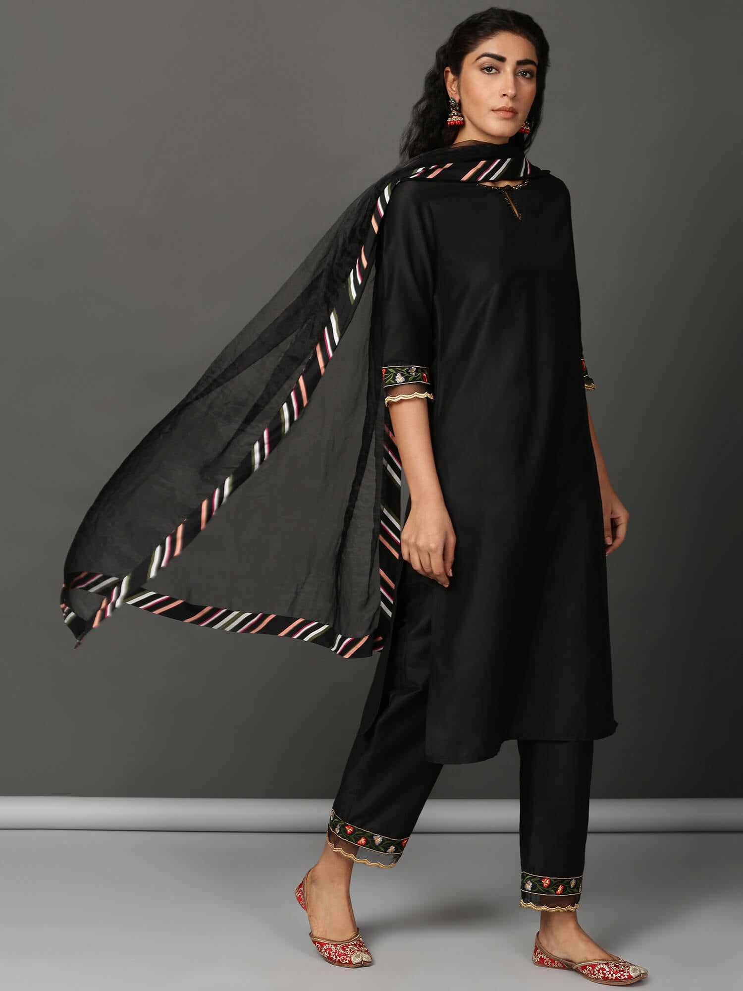 Black Art Silk Kurta Set  with Organza Dupatta