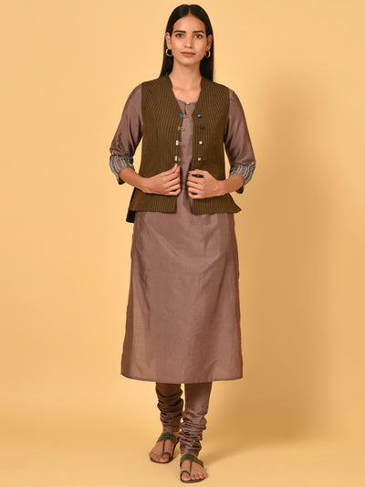 Classy straight Brown and Green Kurta churidar and jacket set