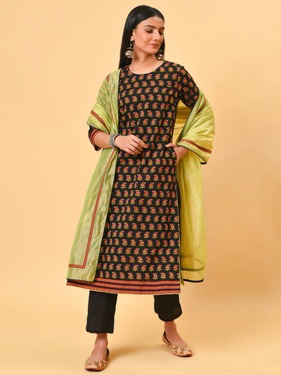 A Cherry black printed kurta with a black pant and Lime green chanderi dupatta