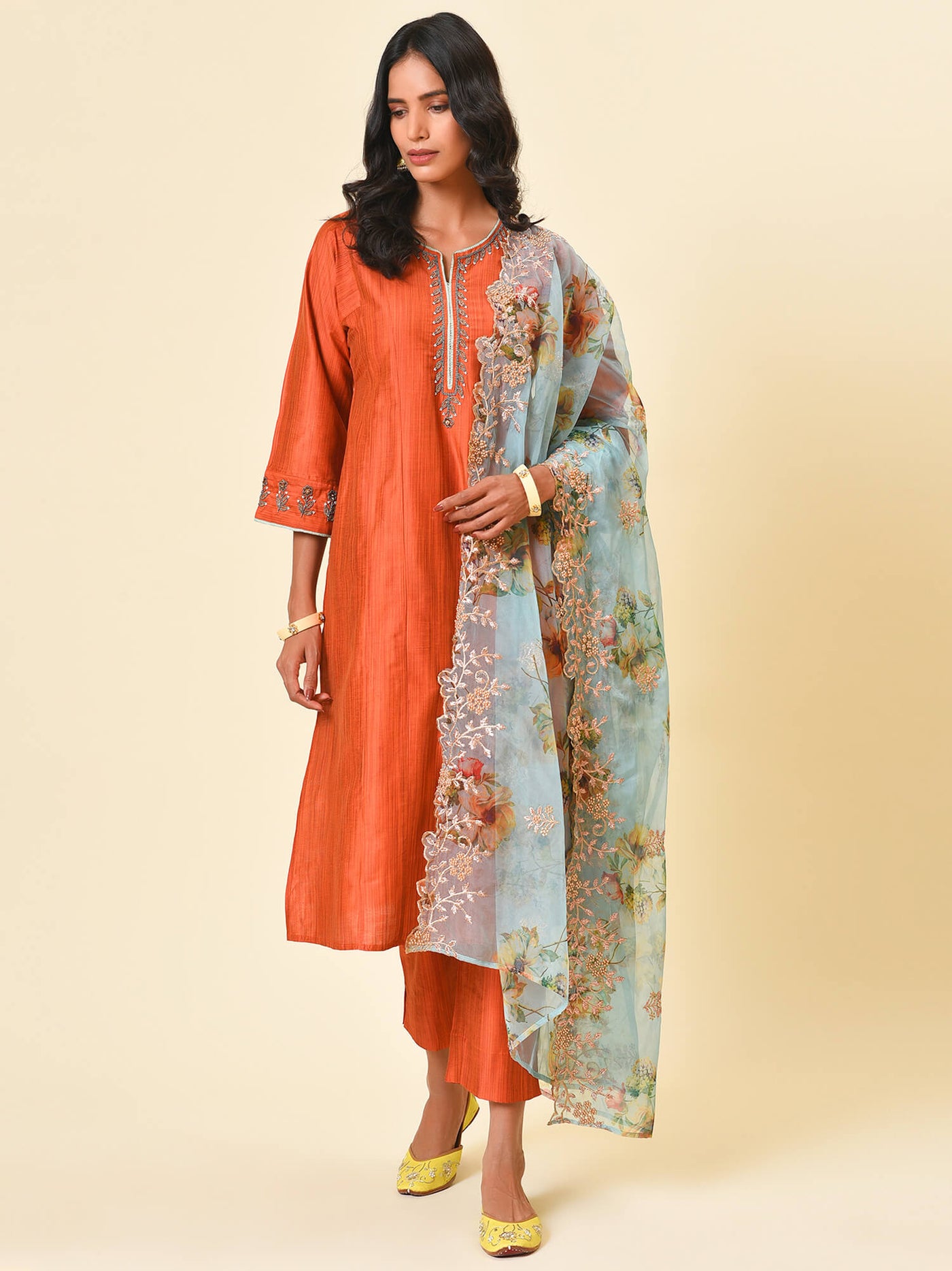 Euphoric mix of colours with the rust and teal kurta pant and dupatta