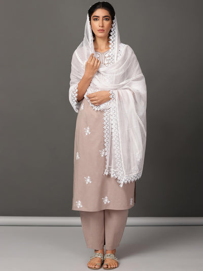 Grey Cotton Kurta, Pants & Dupatta Set