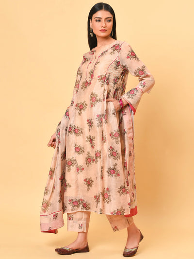 A Rose printed Ecru Kurta, Pant and Dupatta set