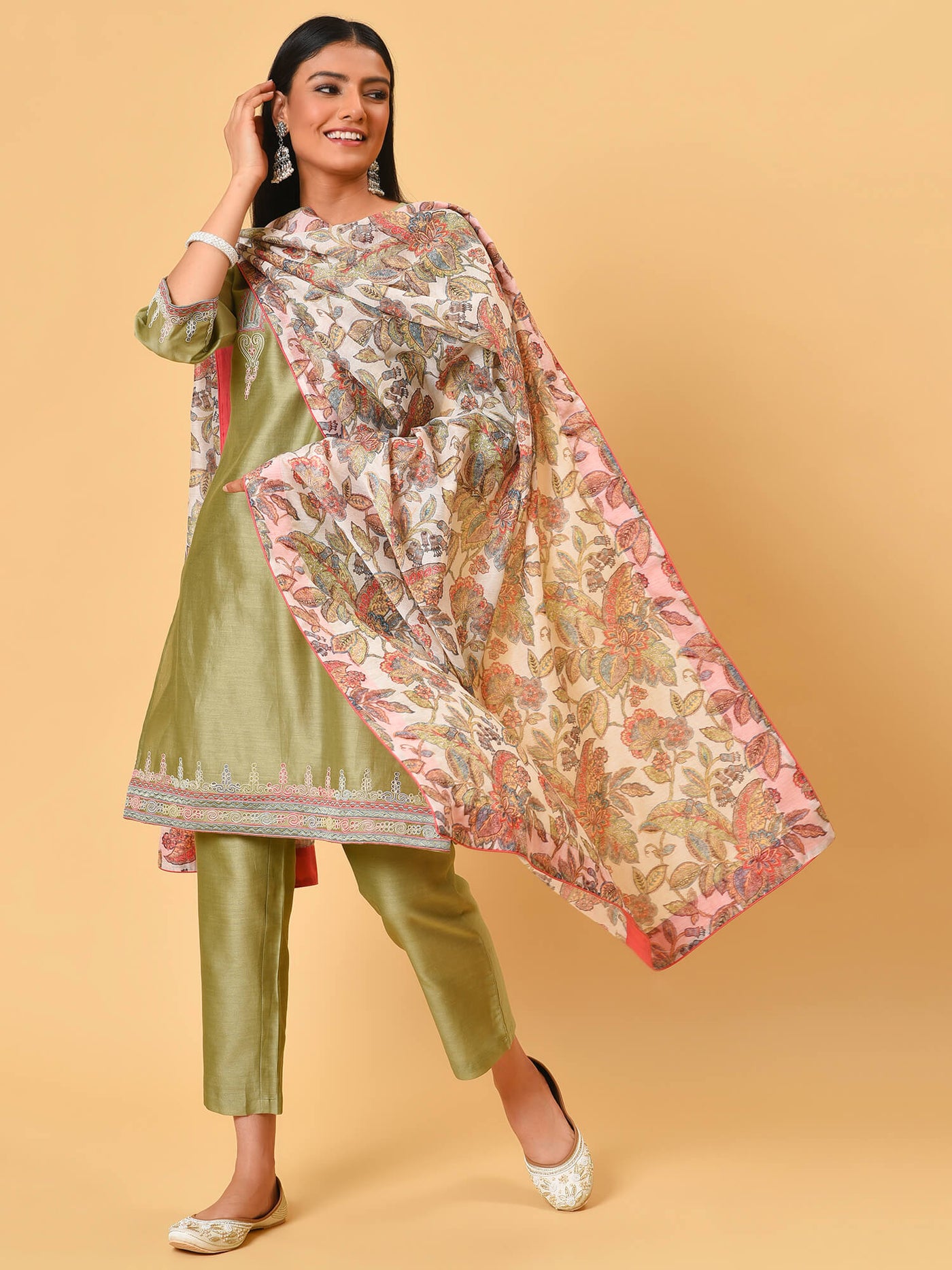 Green Short Kurta, Pant & Dupatta set
