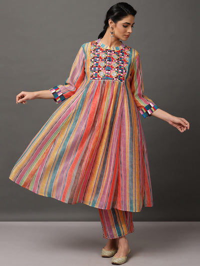 Multi-Color Stripe Chanderi Kurta And Pant With Camisole
