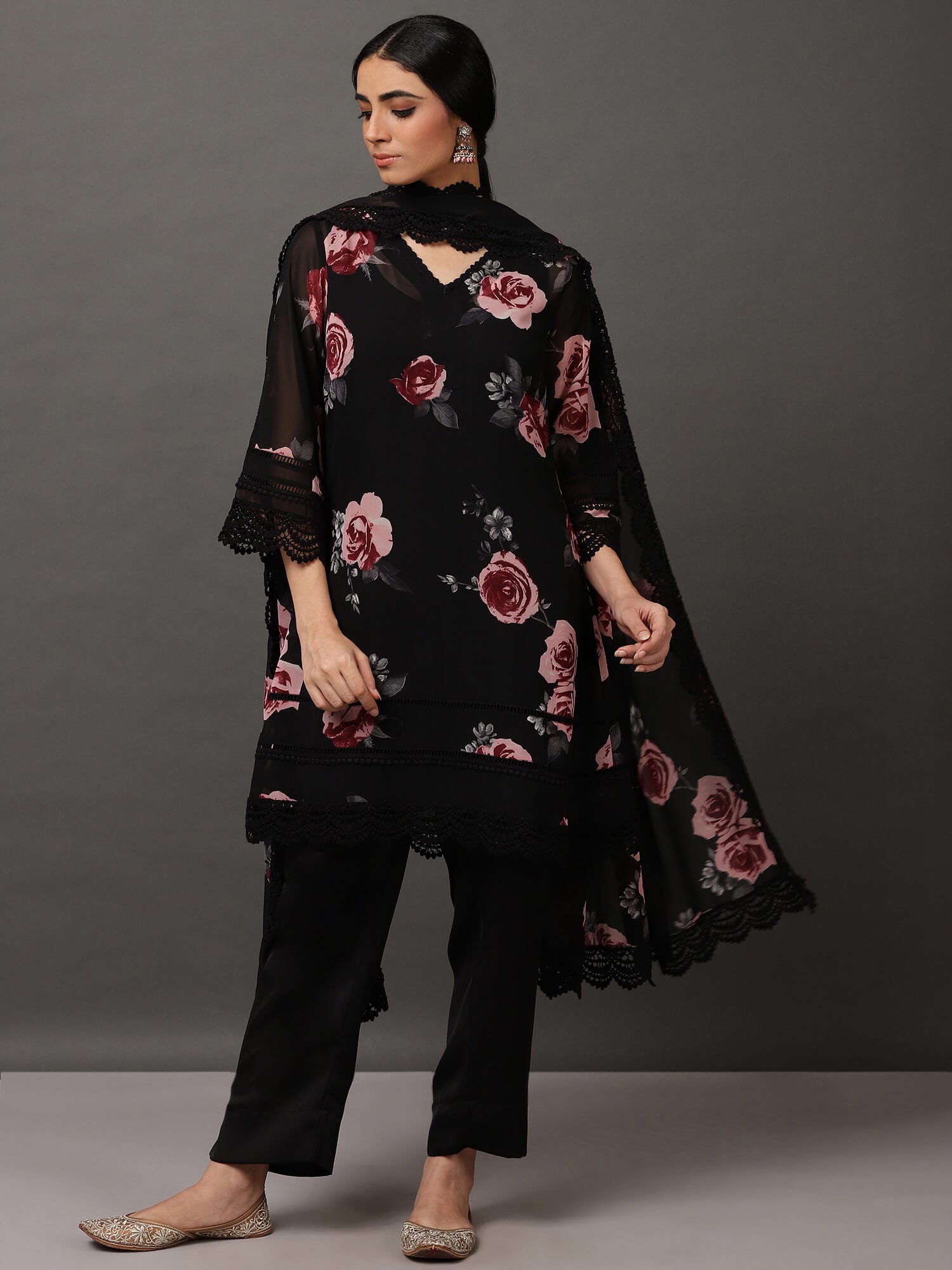 Black Short Floral Georgette Kurta Set