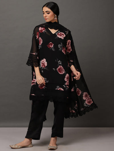 Black Short Floral Georgette Kurta And Pant With Dupatta & Camisole