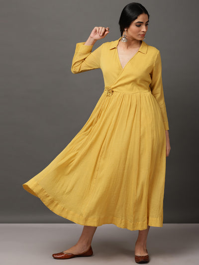 Mustard Cotton Crepe Dress With Pockets