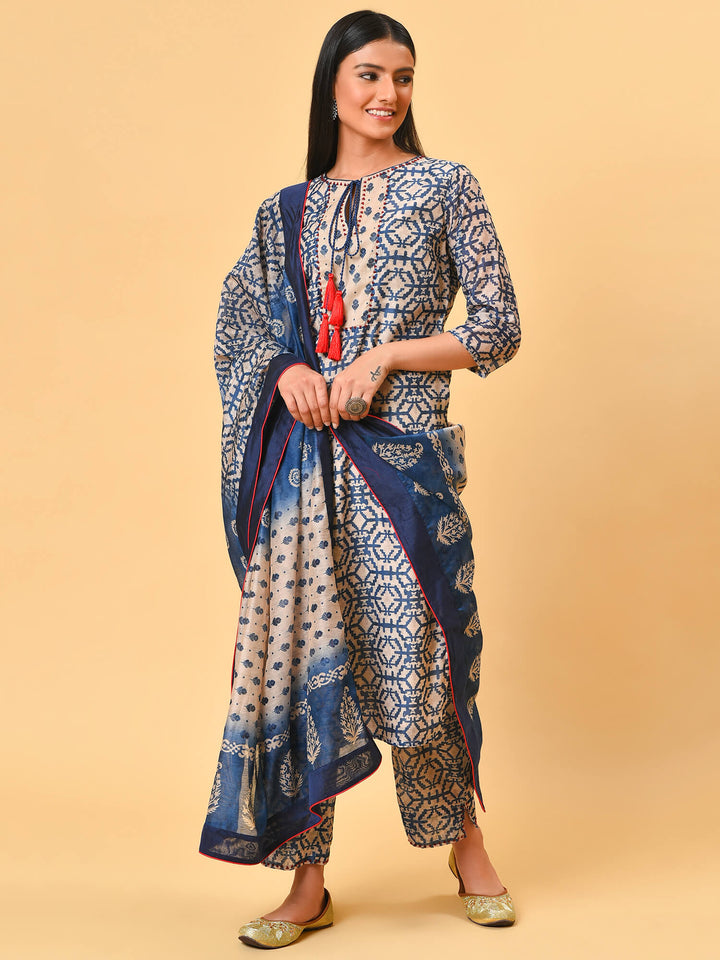 True and not so blue in the chanderi kurta pant and dupatta