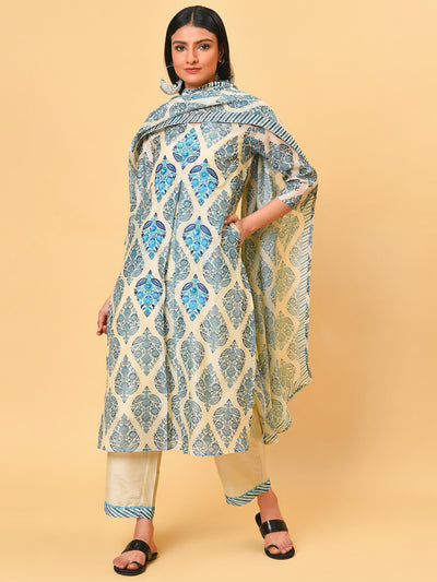 Paisley printed chanderi Kurta, Pant & Dupatta Set