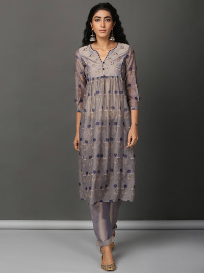 Sky Grey Printed Chanderi Kurta Pants Set