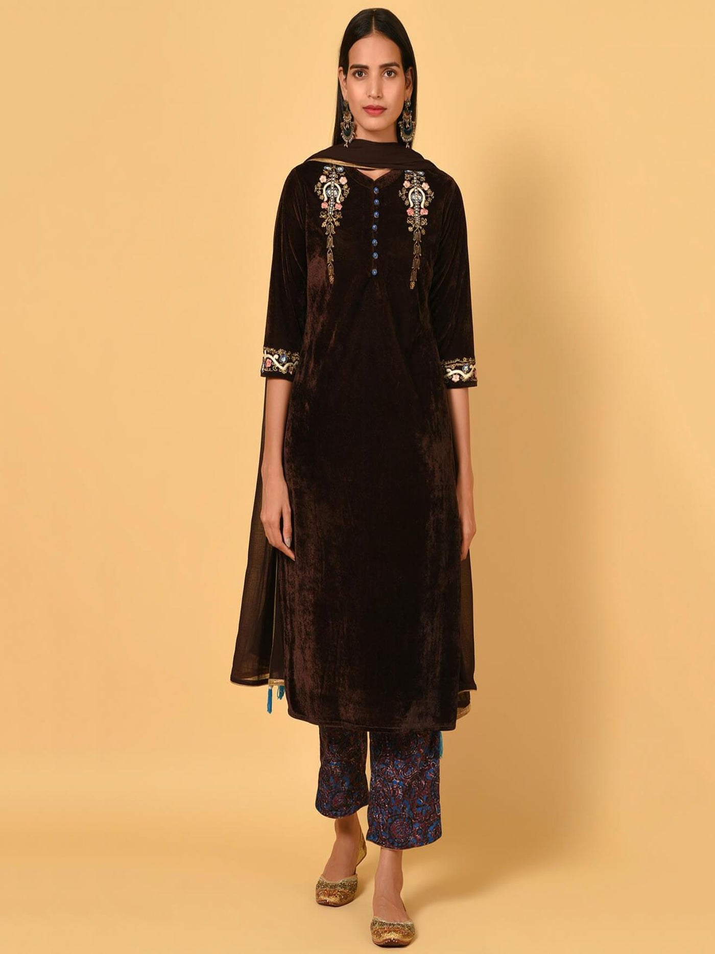 Brown Velvet Embroidered Kurta with printed Pant and Dupatta set