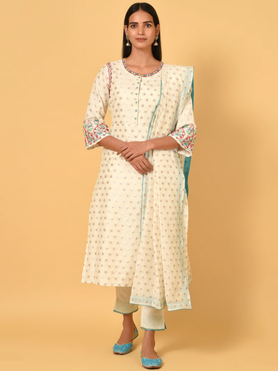 Classy White Chanderi Kurta Pant and Dupatta set