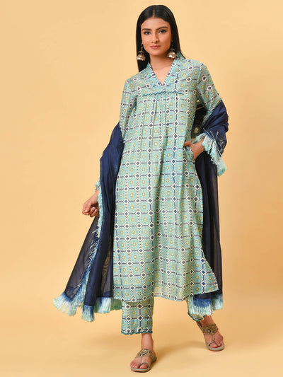 Printed Chanderi Kurta- Pant & Dupatta Set