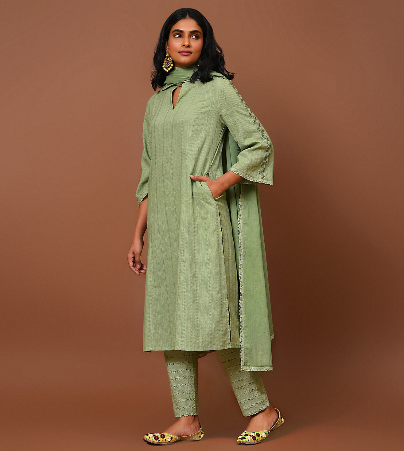 Sage green Kurta Pant & Dupatta