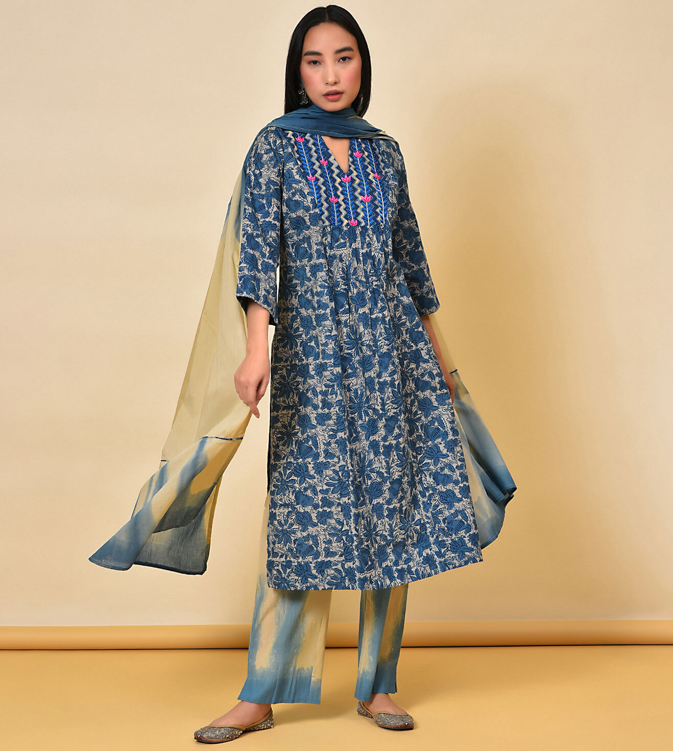 Trance Blue Kurta Pant & Dupatta Set