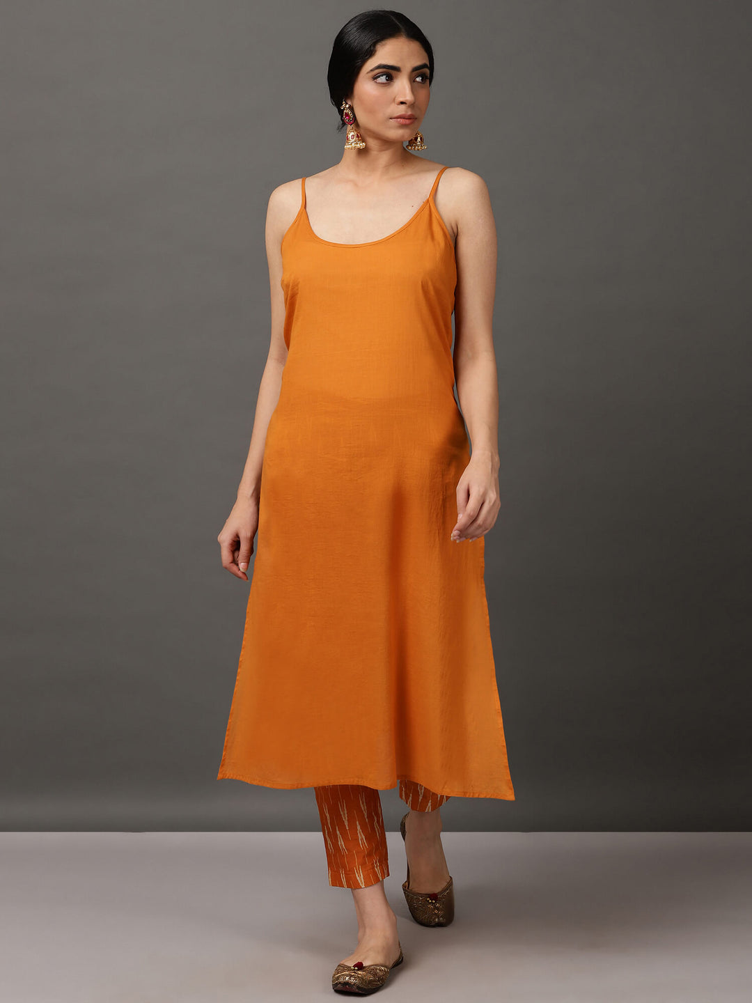 Mustard Ikat A Line Kurta And Pant With Dupatta & Camisole