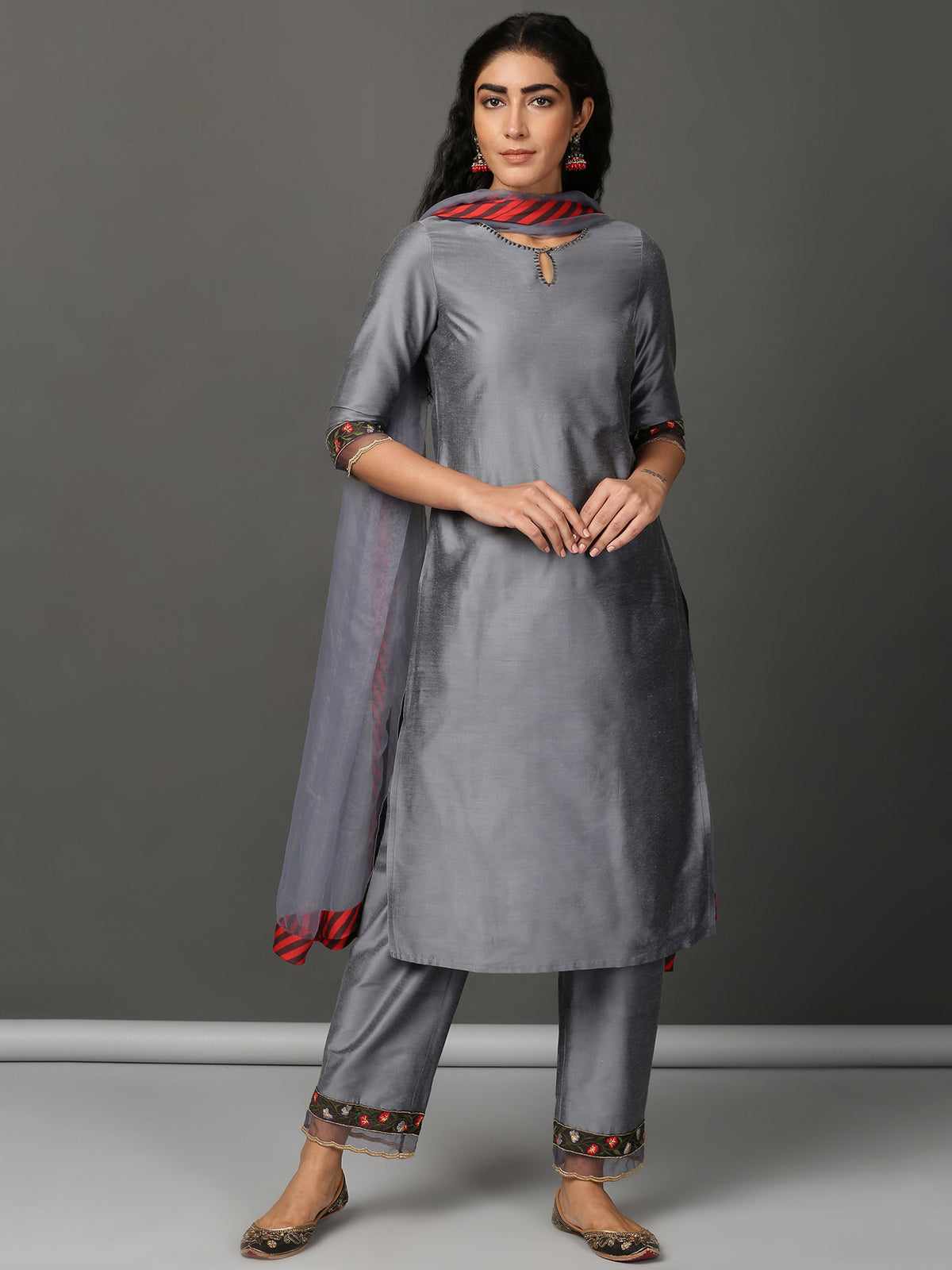 Grey Art Silk Kurta, Pants & Organza Dupatta Set
