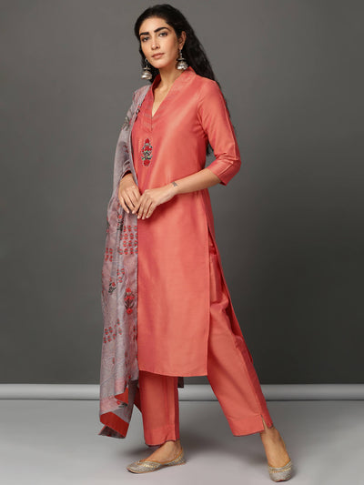 Peach Art Silk Suit Kurta, Pants & Dupatta Set
