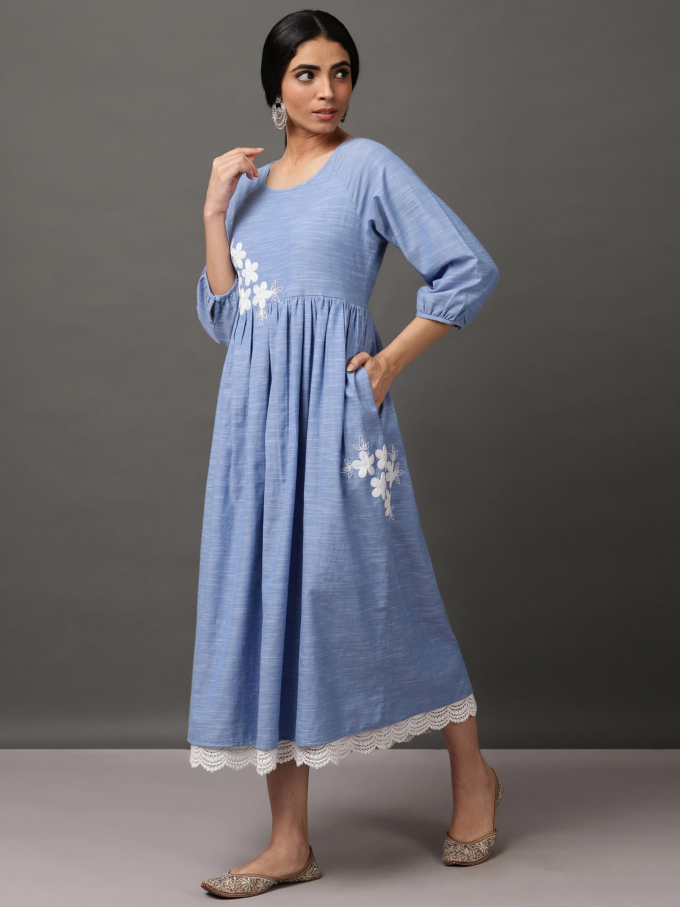 Blue Chambray cotton comfort dress with pockets and lace.