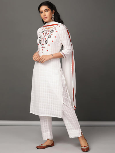 White Cotton Kurta, Pants & Dupatta Set