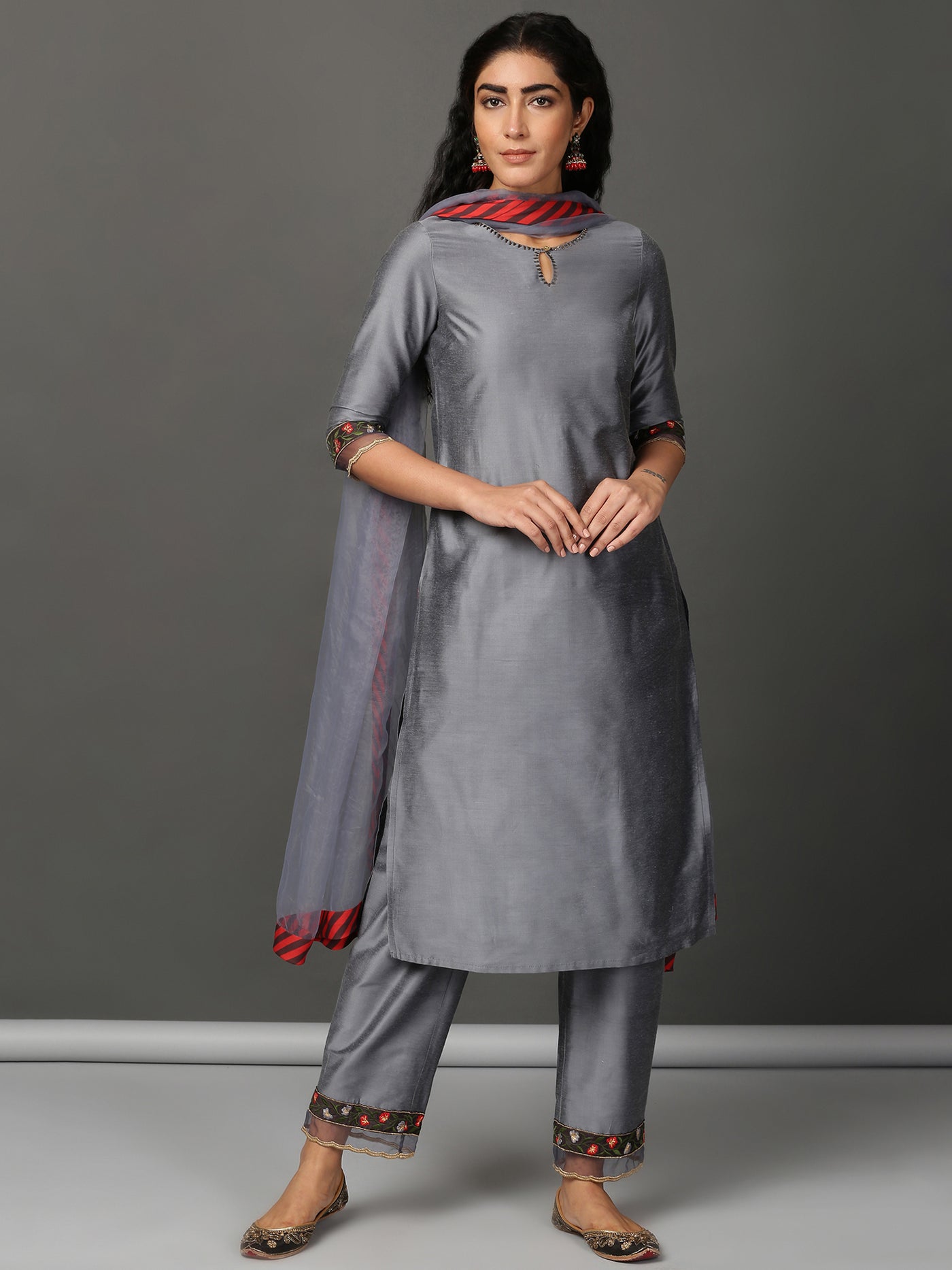 Grey Art Silk Kurta, Pants & Organza Dupatta Set