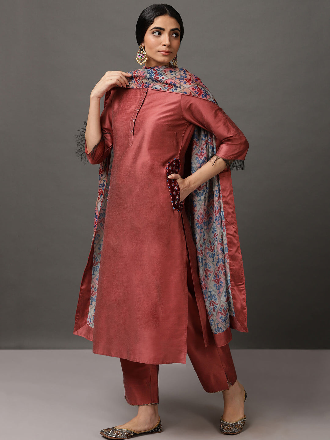 Pink Melange Kurta & Pant With Dupatta