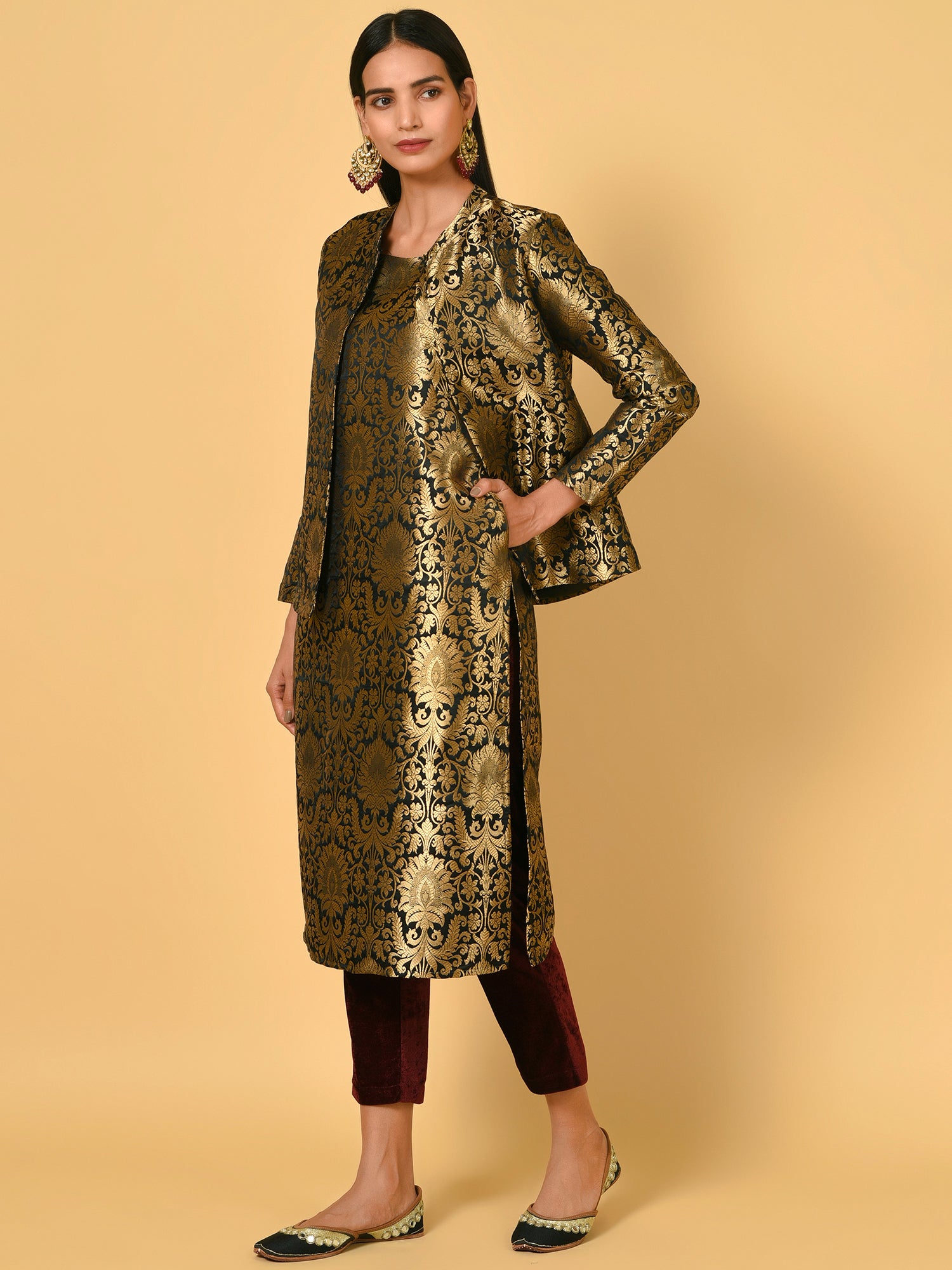 Vivid Black and Gold Kurta Pant and blazer set