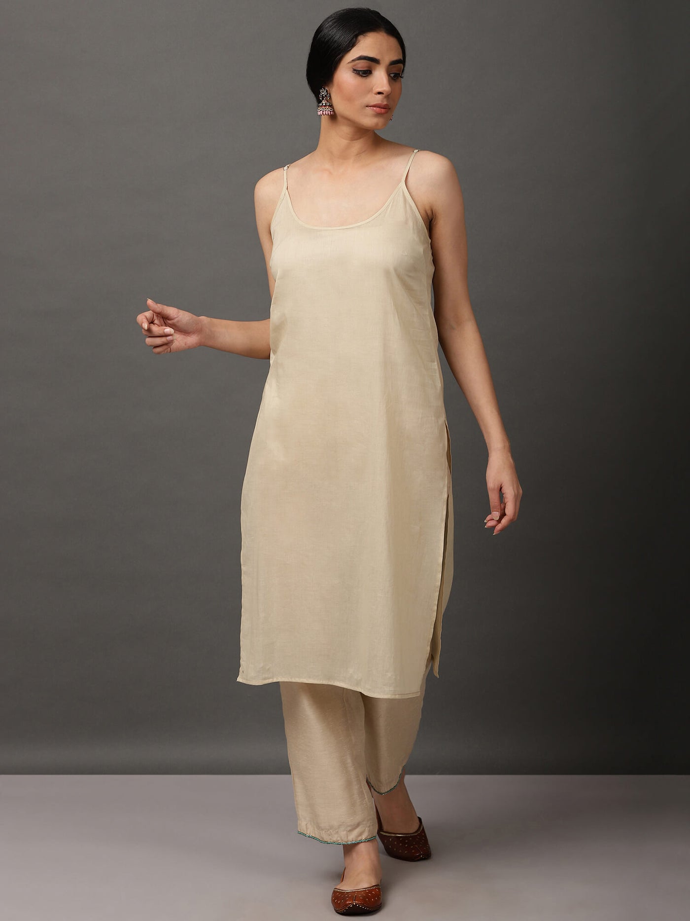 Beige Ecru Chanderi Kurta And Pant With Dupatta & Camisole
