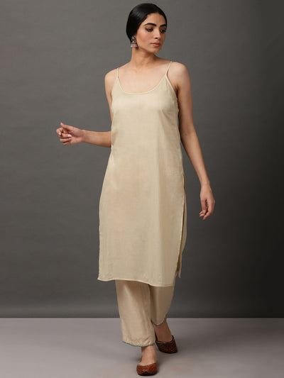 Beige Ecru Chanderi Kurta And Pant With Dupatta & Camisole