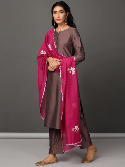 Brown Art Silk Kurta, Pants & Dupatta Set