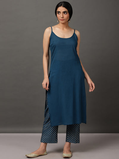 Midnight Blue Gold Block Print Kurta And Pant With Camisole