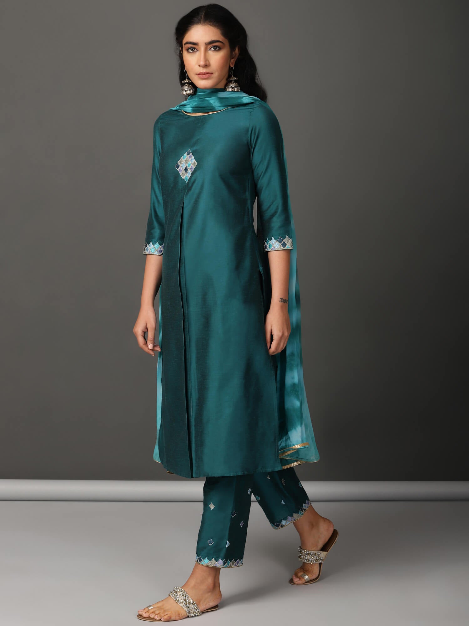 Art Silk Straight Kurta, Pants & Dupatta Set