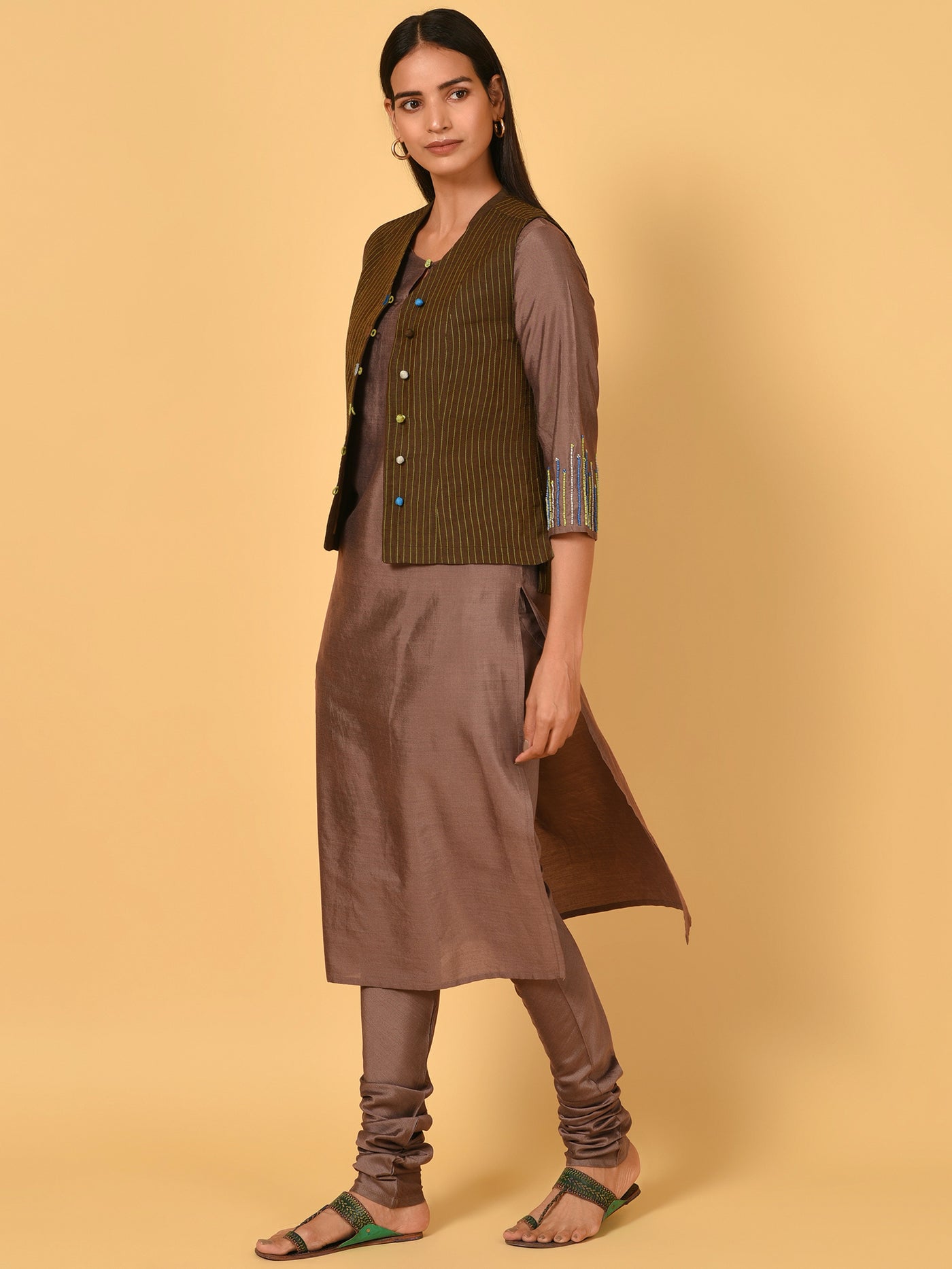 Classy straight Brown and Green Kurta churidar and jacket set