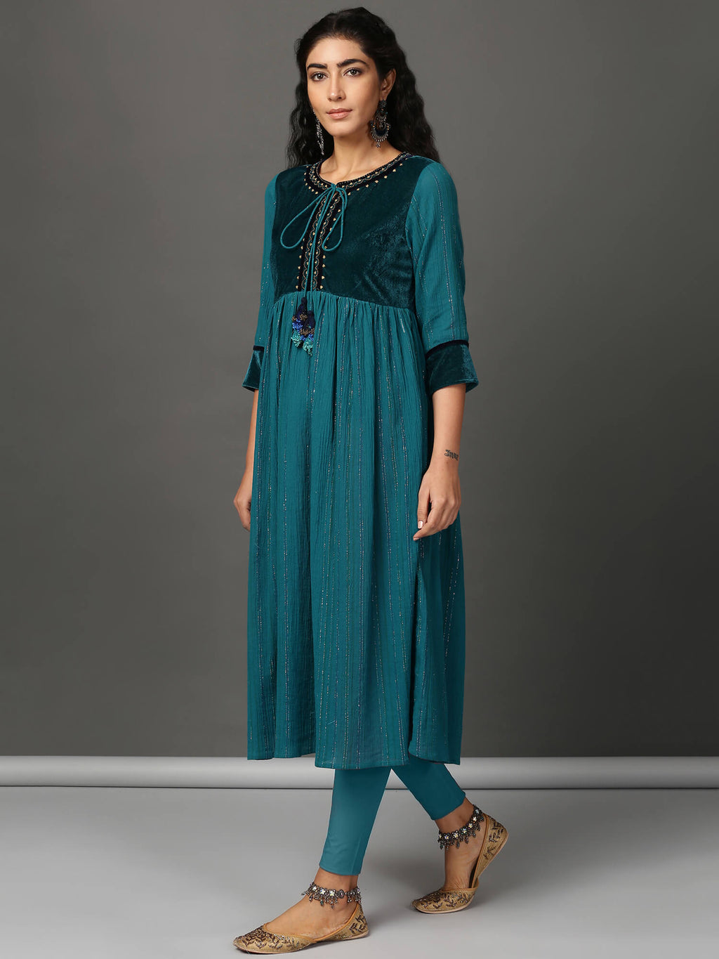 Teal Crinkled Kurta & Churidar Set