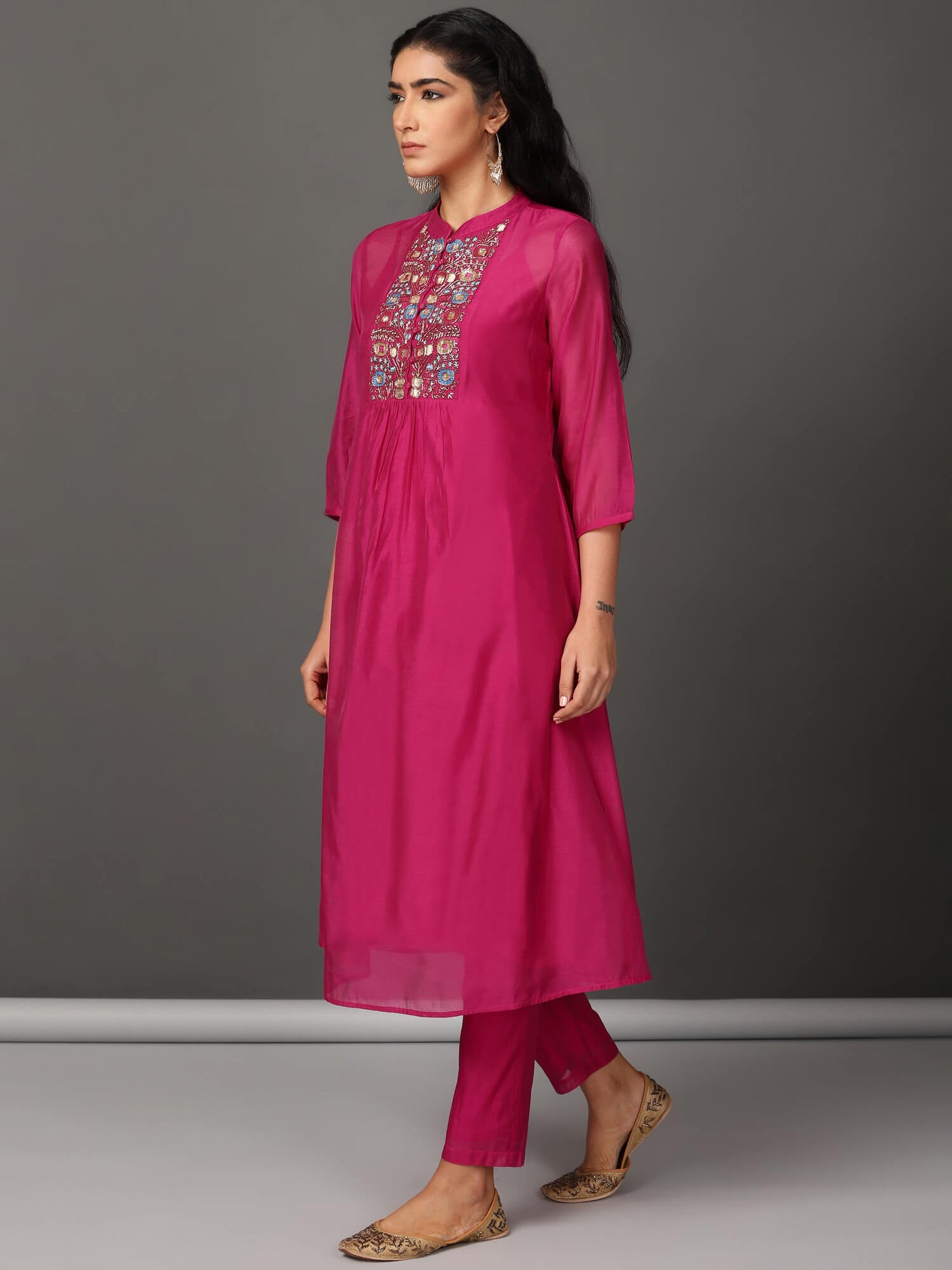 Fuchsia Pleated Chanderi Kurta & Pants Set