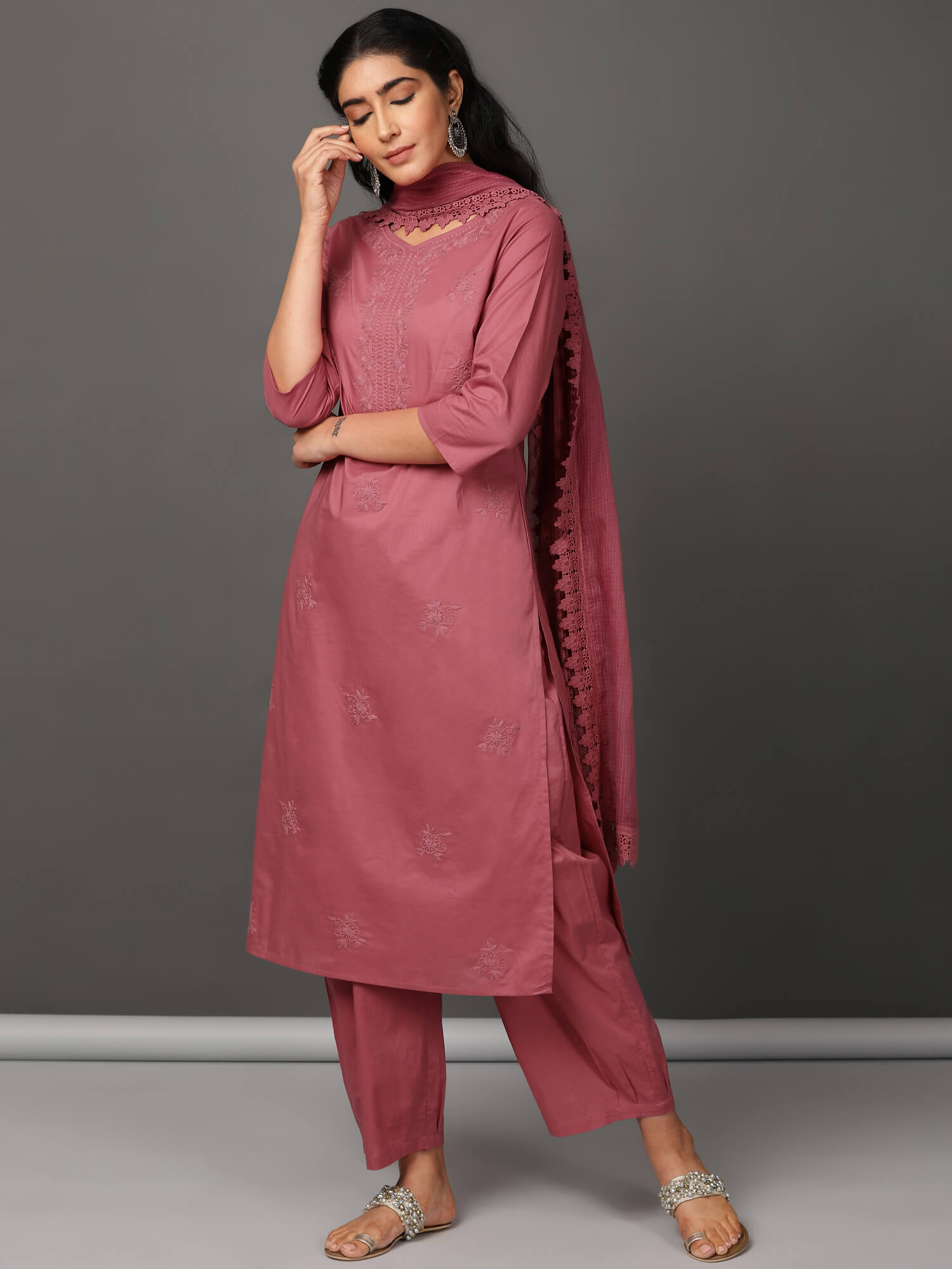 Pink Cotton Kurta, Pants & Dupatta Set