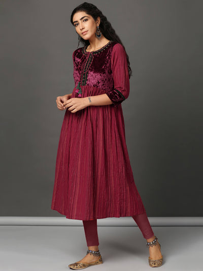 Deep Red Crinkled Kurta Churidaar Set