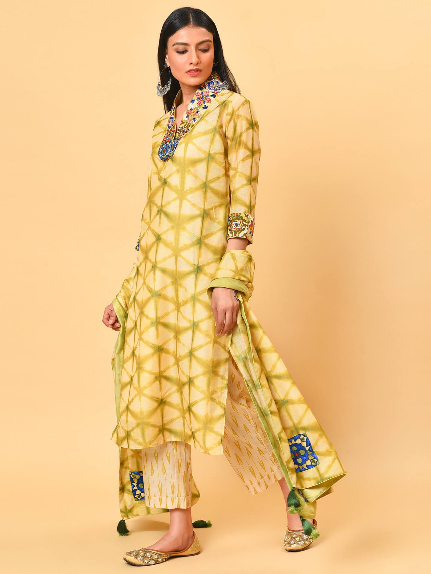 Yellow & Green Shibori Kurta- Pant Set