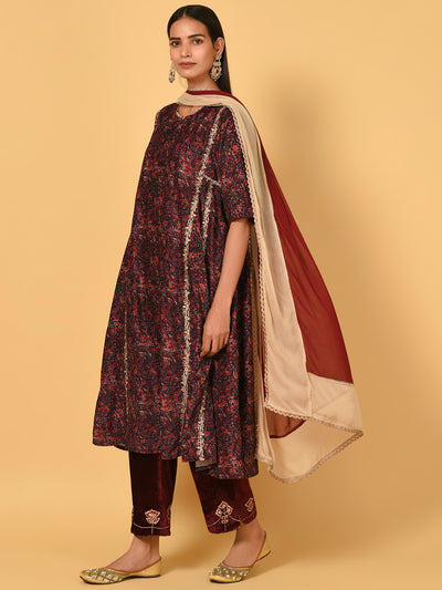 Classic in the printed Maroon velvet Kurta Pant Dupatta set