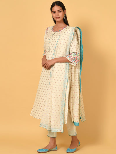Classy White Chanderi Kurta Pant and Dupatta set