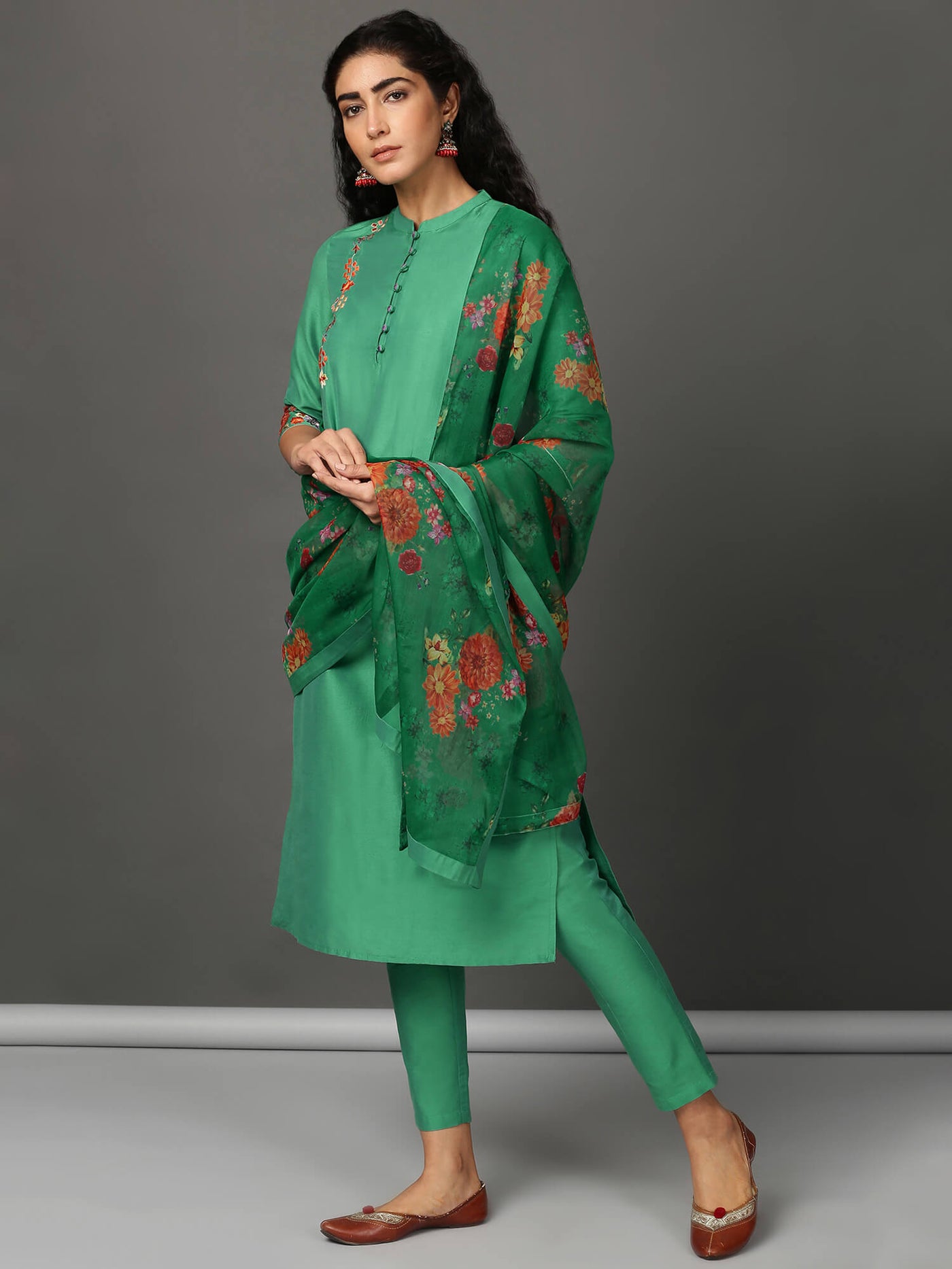 Green Art Silk Kurta, Pants & Dupatta Set