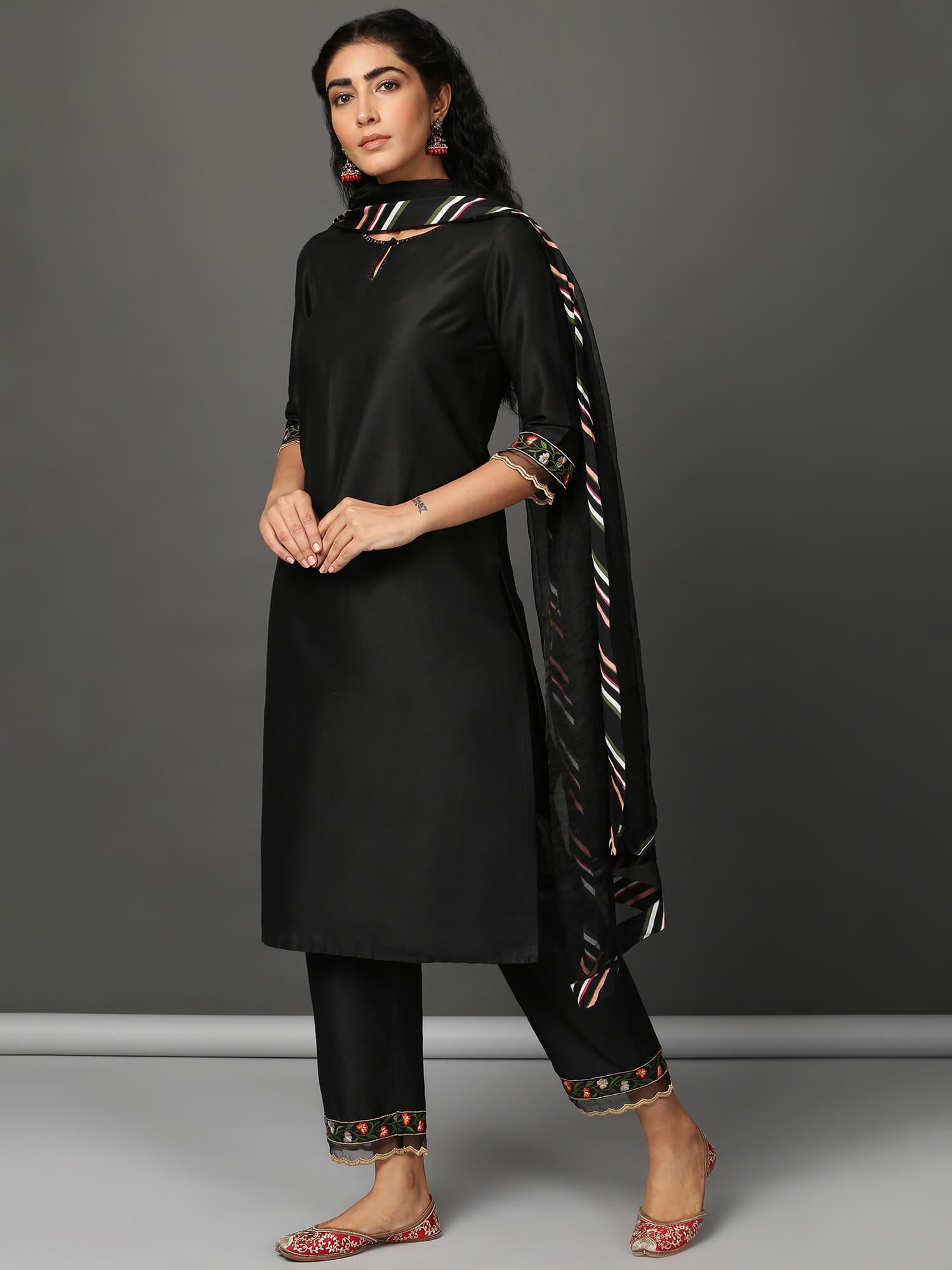 Black Art Silk Kurta Set  with Organza Dupatta